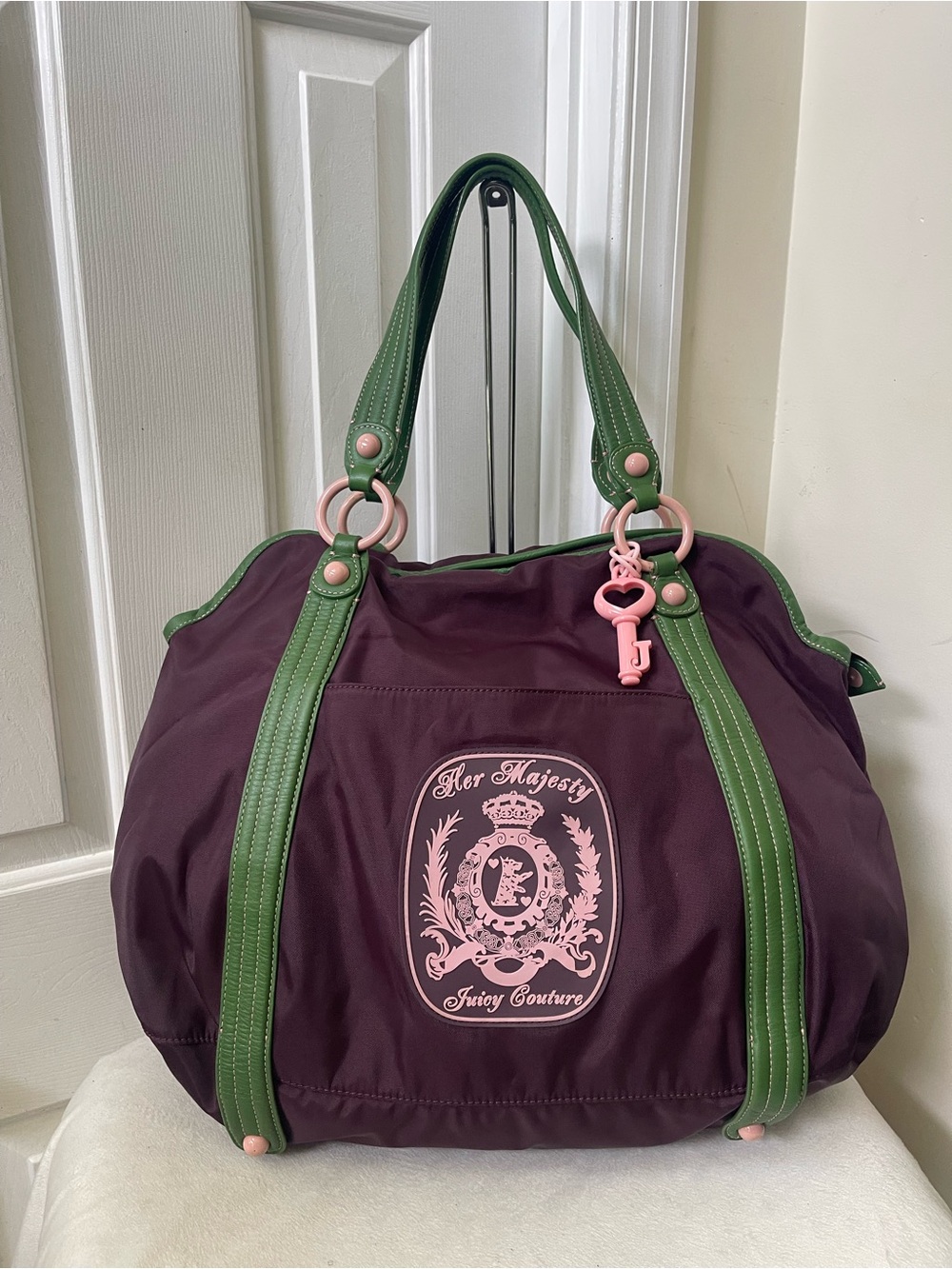 Juicy Couture Vintage Her Majesty Plum Tote with Green Straps